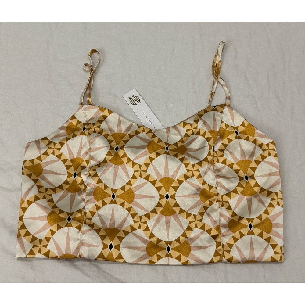 NWT House of Harlow 1960 Fall Neutral Geometric Print Smocked Back Crop Top L